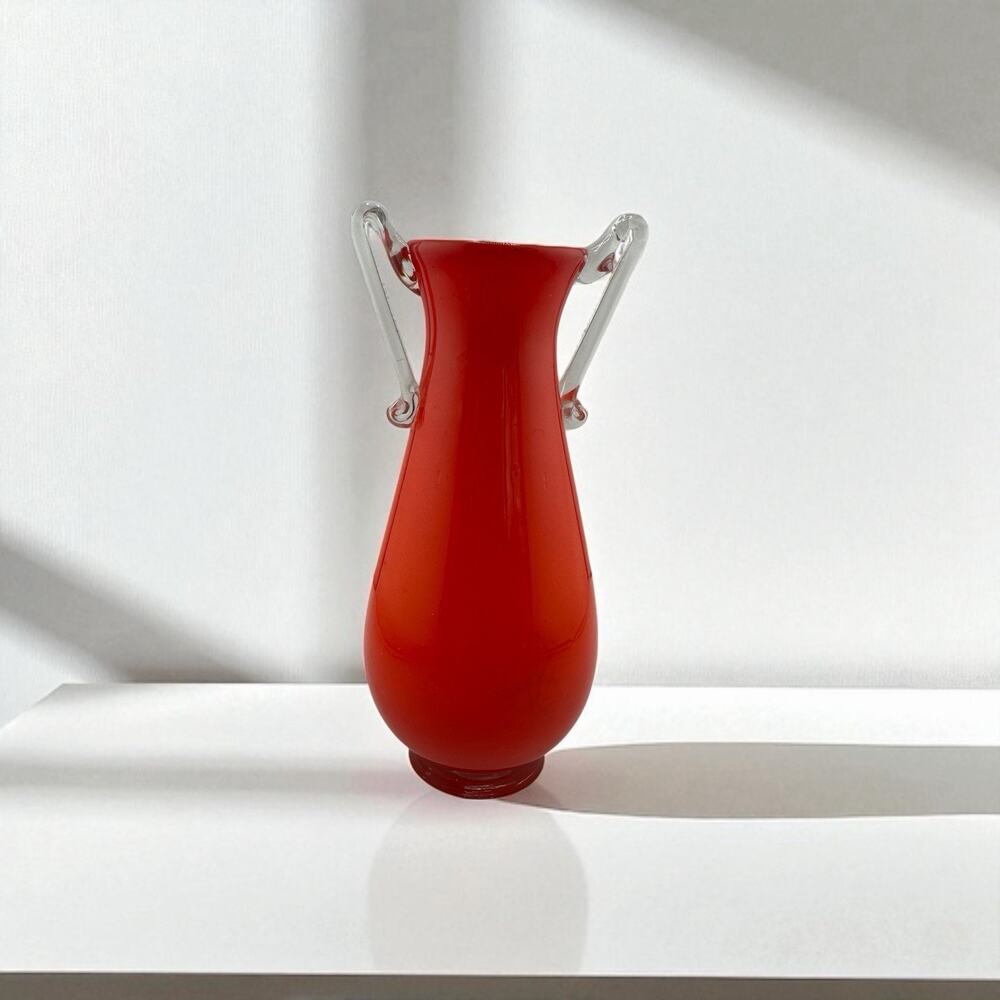 Vintage Arte Murano Red Glass Vase 6 Inch White Interior Clear Handles